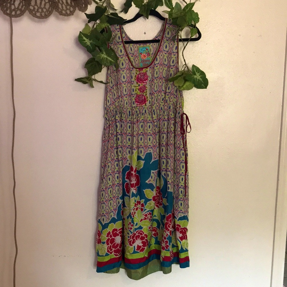 Johnny Was Silk floral dress lime green and blue